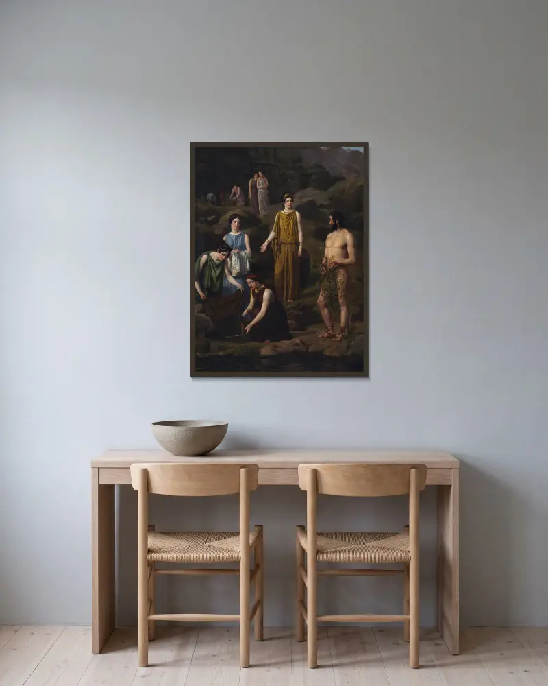 Nausikaa kleidet den schiffbrüchigen Odysseus von Wilhelm Marstrand gerahmt an einer Wand