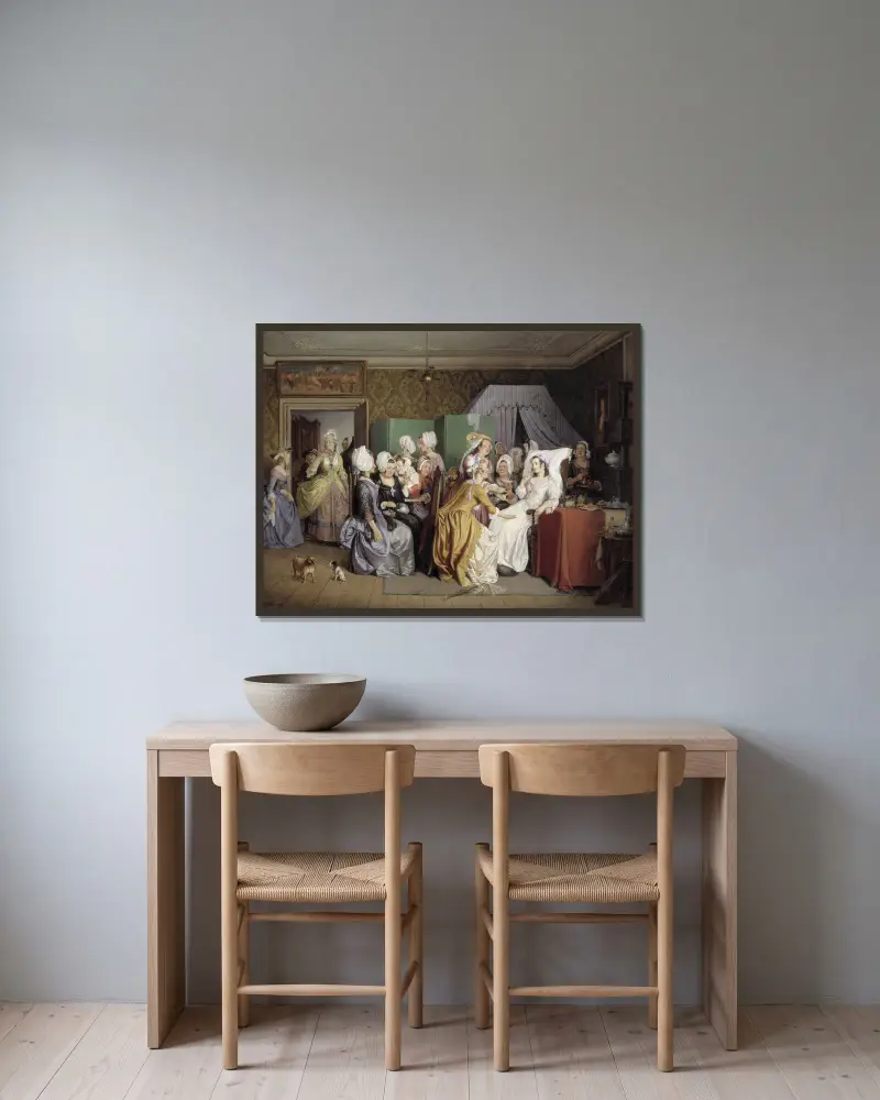 Scen ur Ludvig Holbergs Barselstuen av Wilhelm Marstrand inramad på en vägg