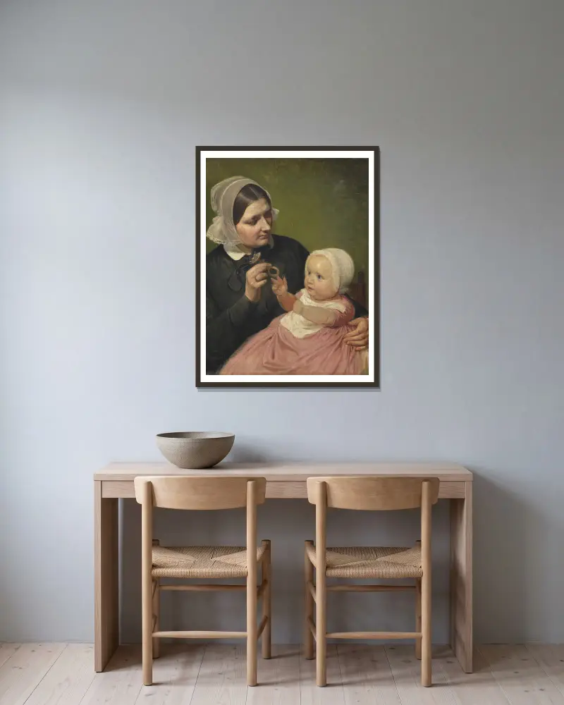 Konstnärens hustru och deras son Poul av Wilhelm Marstrand inramad på en vägg