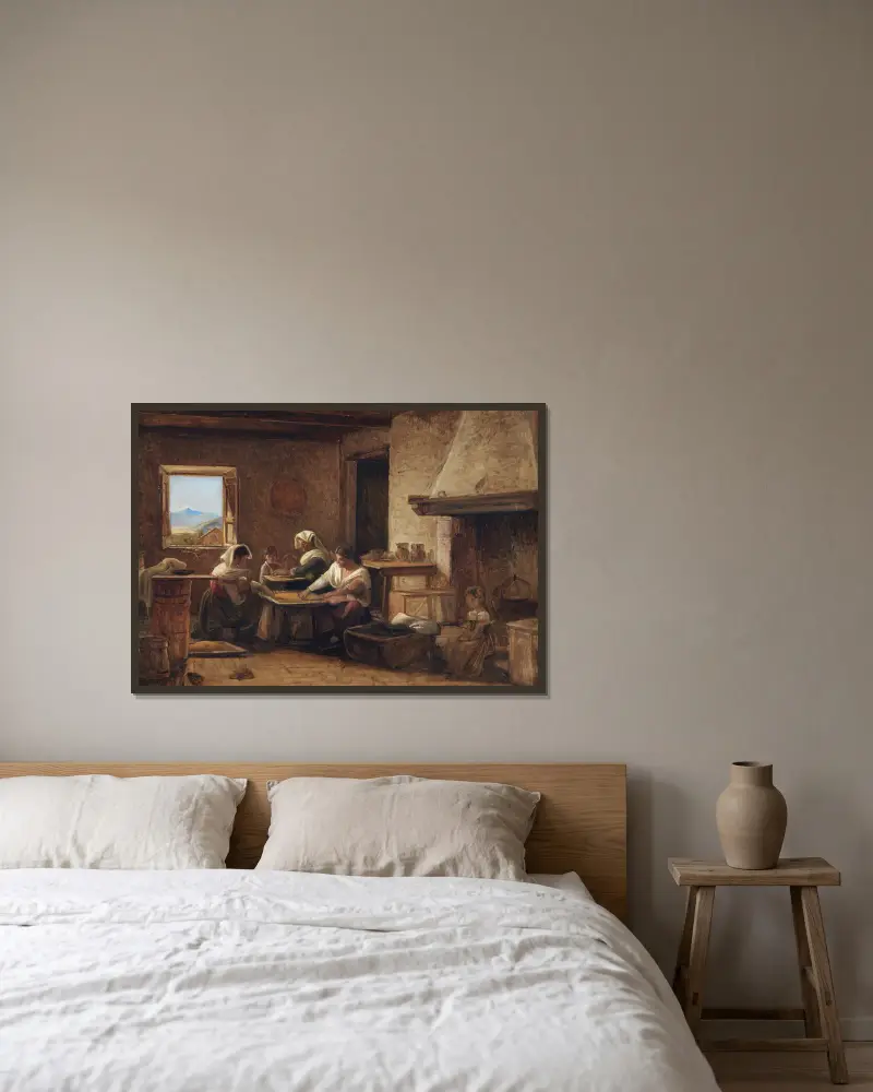 Kvinnor som arbetar i köket på en bondgård nära Olevano, Italien av Wilhelm Marstrand inramad på en vägg