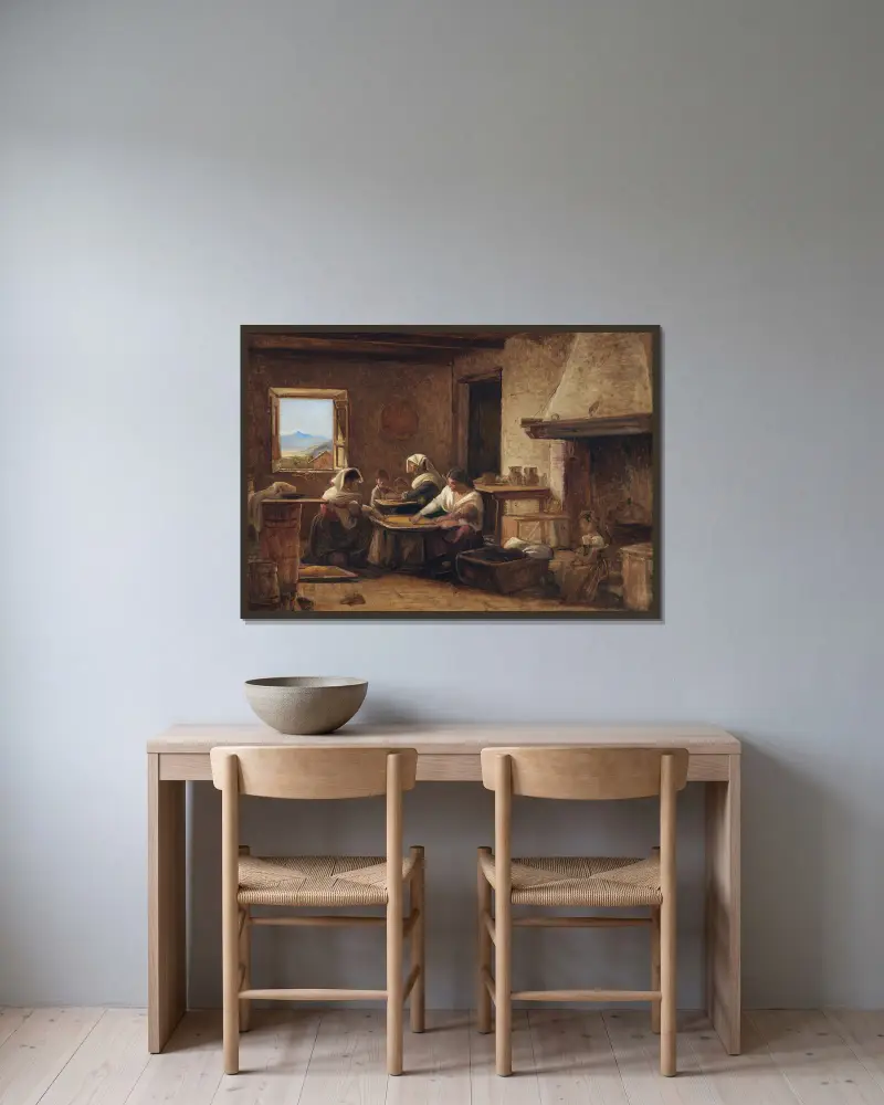 Kvinnor som arbetar i köket på en bondgård nära Olevano, Italien av Wilhelm Marstrand inramad på en vägg