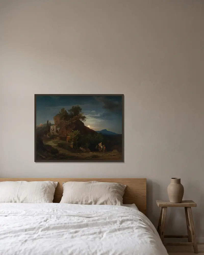 Natt, den barmhärtige samarierns ankomst med den skadade till härbärget av Johann Wilhelm Schirmer inramad på en vägg