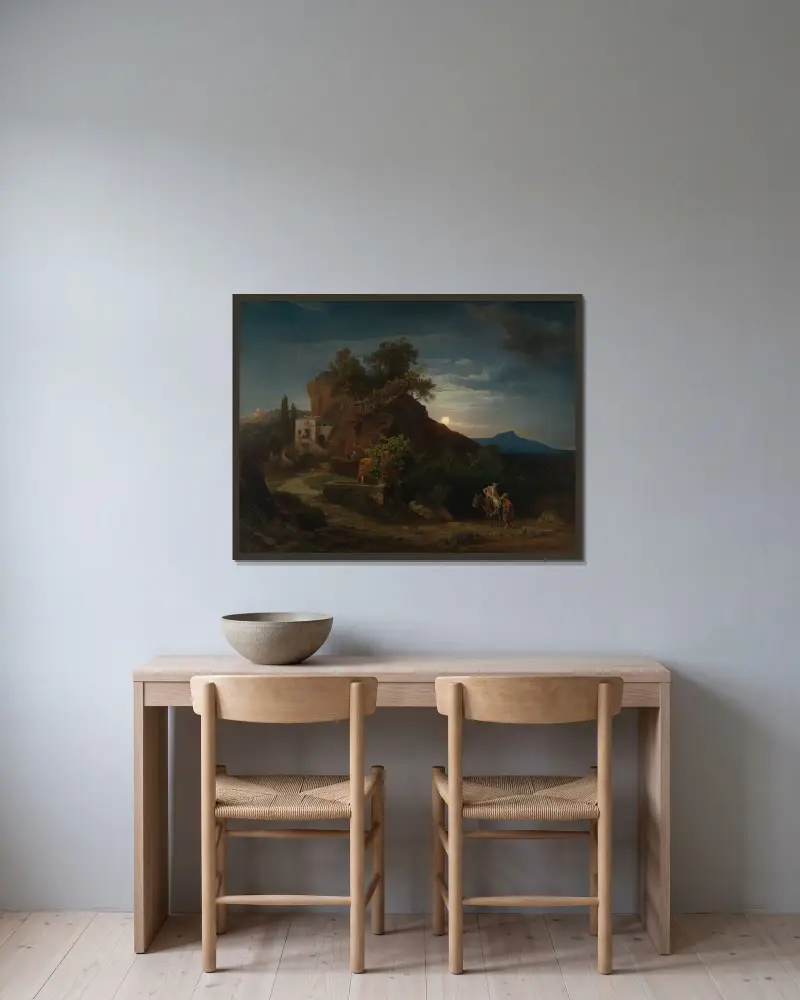 Natt, den barmhärtige samarierns ankomst med den skadade till härbärget av Johann Wilhelm Schirmer inramad på en vägg
