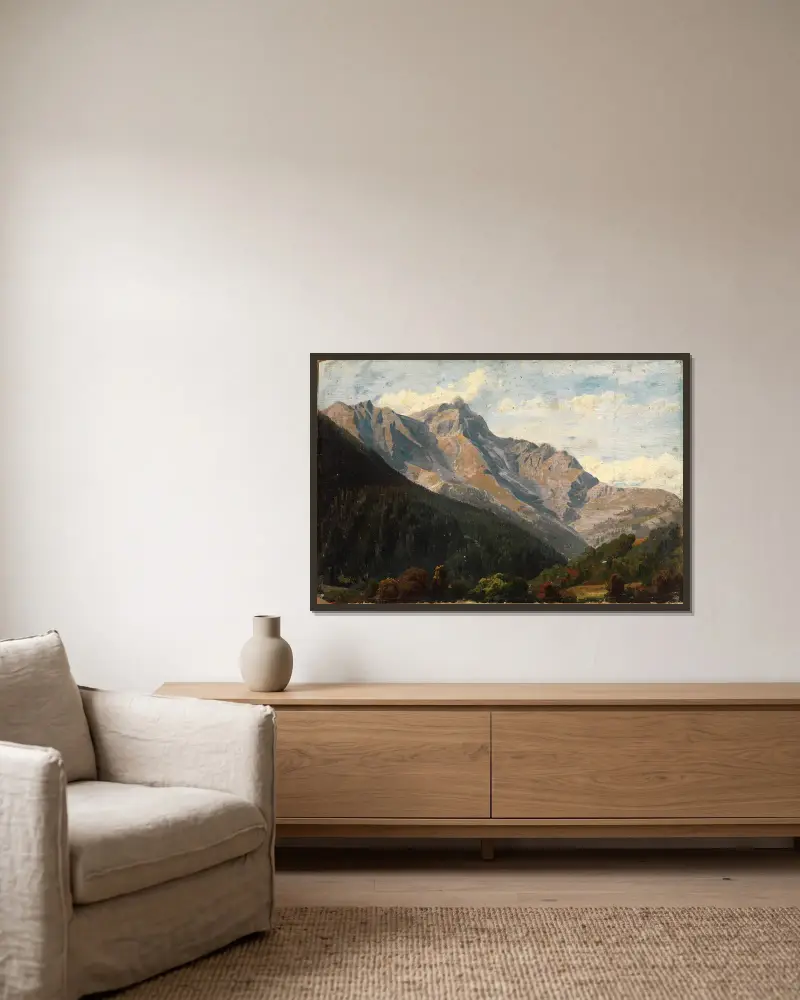 Schweiziskt bergslandskap med Piz Beverin i bakgrunden av Johann Wilhelm Schirmer inramad på en vägg