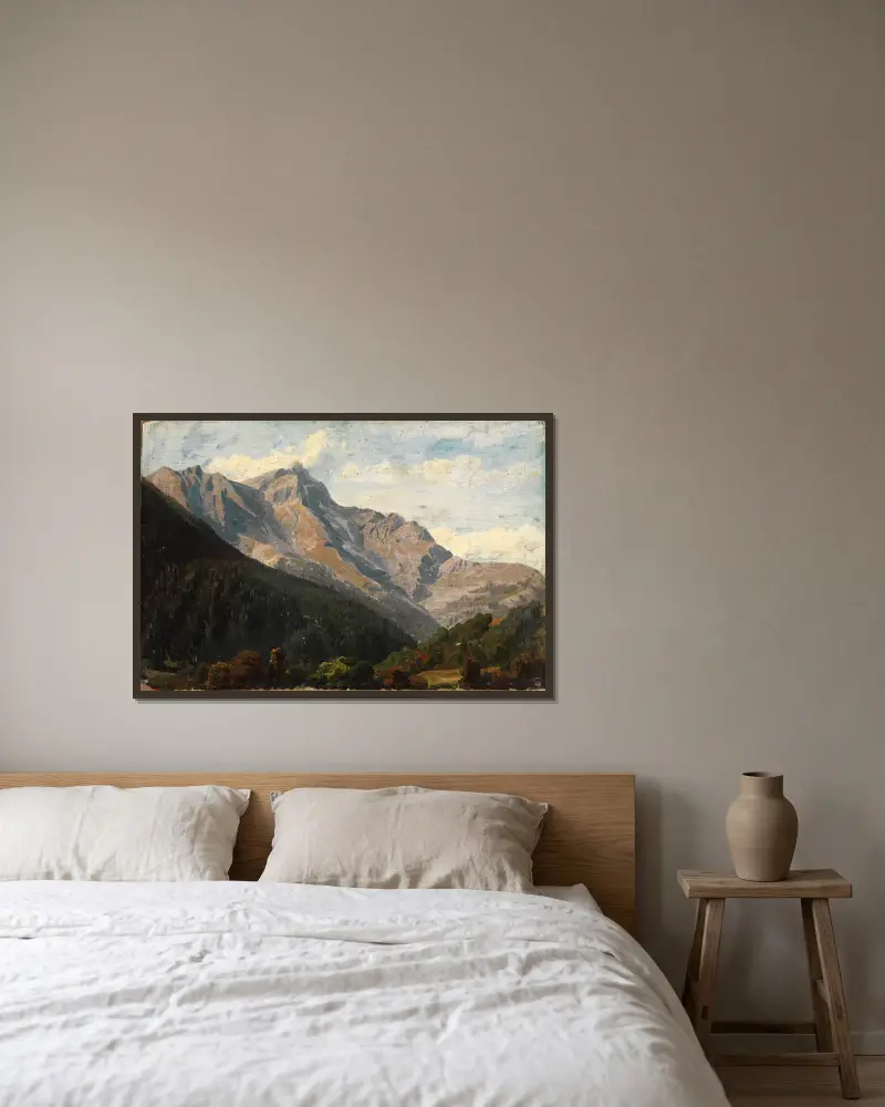 Schweiziskt bergslandskap med Piz Beverin i bakgrunden av Johann Wilhelm Schirmer inramad på en vägg
