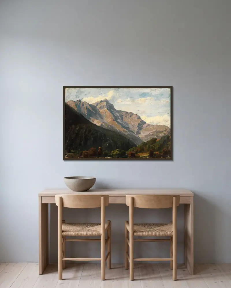 Schweiziskt bergslandskap med Piz Beverin i bakgrunden av Johann Wilhelm Schirmer inramad på en vägg
