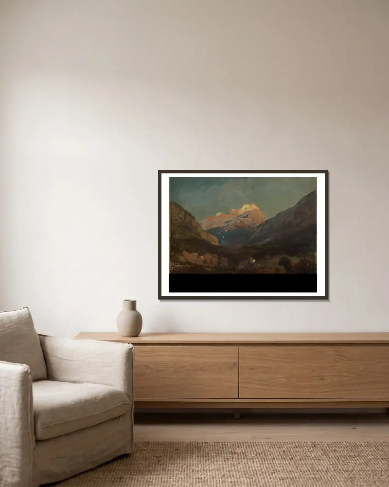 Schweizer Gebirgslandschaft mit Kapelle und fernem Schneegipfel von Johann Wilhelm Schirmer gerahmt an einer Wand