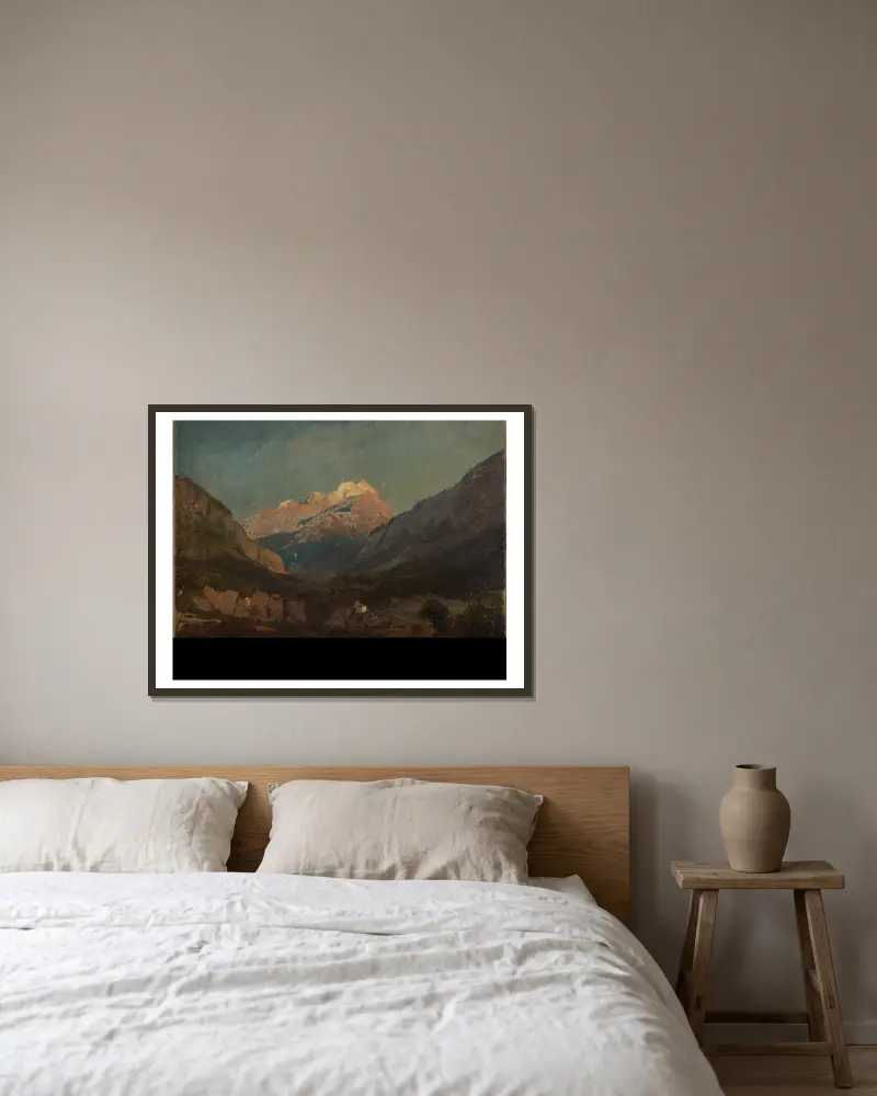 Schweizer Gebirgslandschaft mit Kapelle und fernem Schneegipfel von Johann Wilhelm Schirmer gerahmt an einer Wand