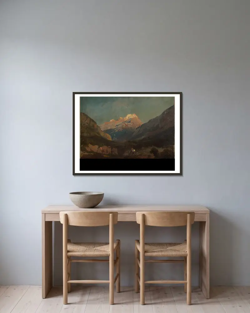 Schweizer Gebirgslandschaft mit Kapelle und fernem Schneegipfel von Johann Wilhelm Schirmer gerahmt an einer Wand