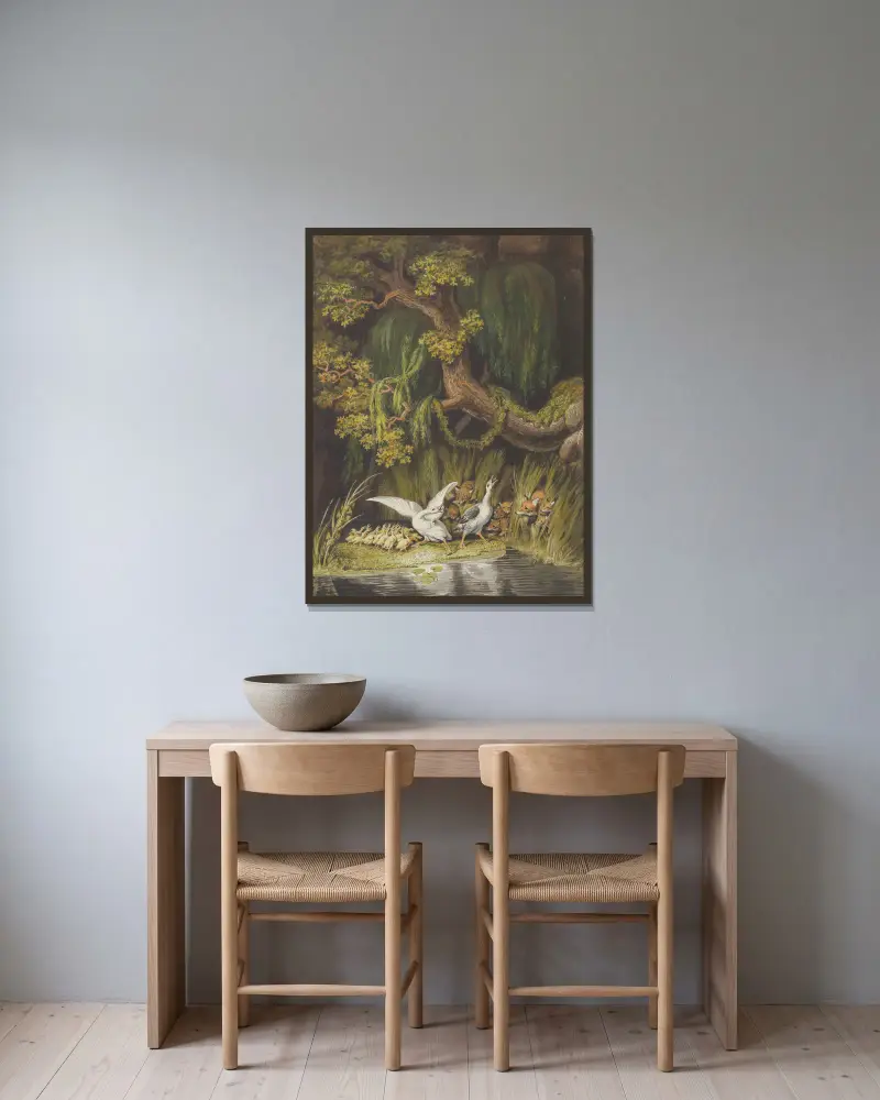En gås och en gåskarl med sina gässlingar som kacklar oroligt när två rävar med sina ungar kommer fram ur vassen av Johann Heinrich Wilhelm Tischbein inramad på en vägg