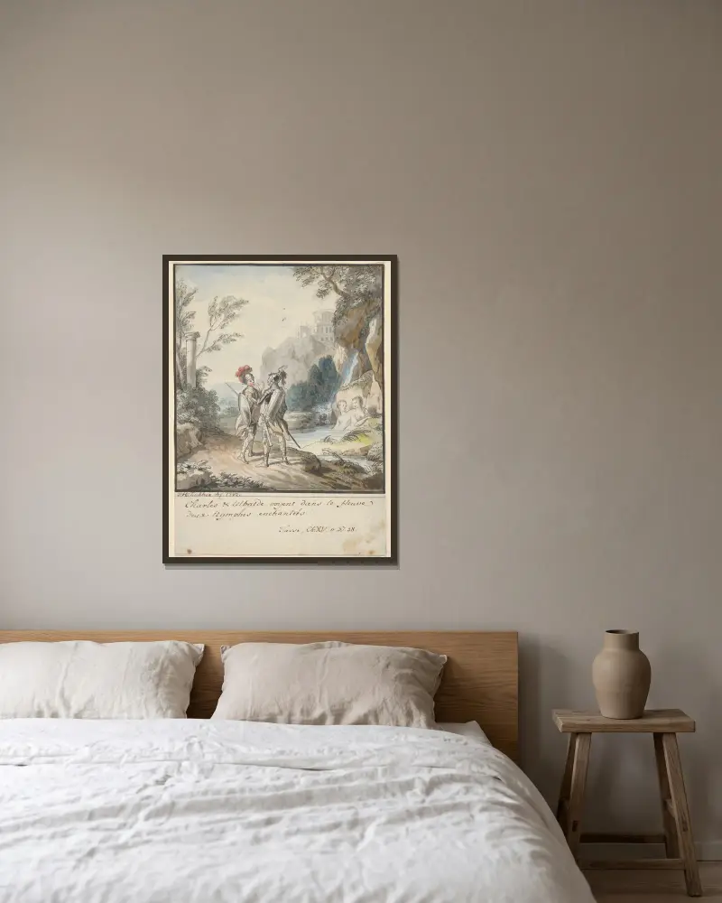 Carlo och Ubaldo motstår Armidas nymfers förtrollning av Johann Heinrich Wilhelm Tischbein inramad på en vägg