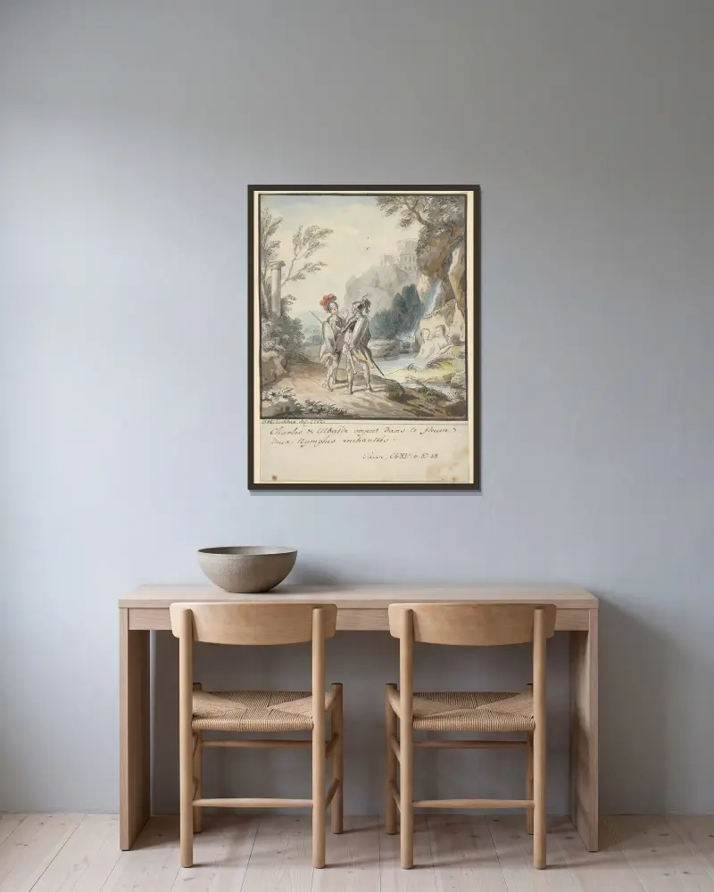 Carlo och Ubaldo motstår Armidas nymfers förtrollning av Johann Heinrich Wilhelm Tischbein inramad på en vägg