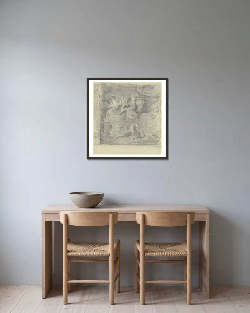 Dam och herre med barn på en soffa, bredvid ett bord med glas och fruktskål av Wilhelm Trübner inramad på en vägg