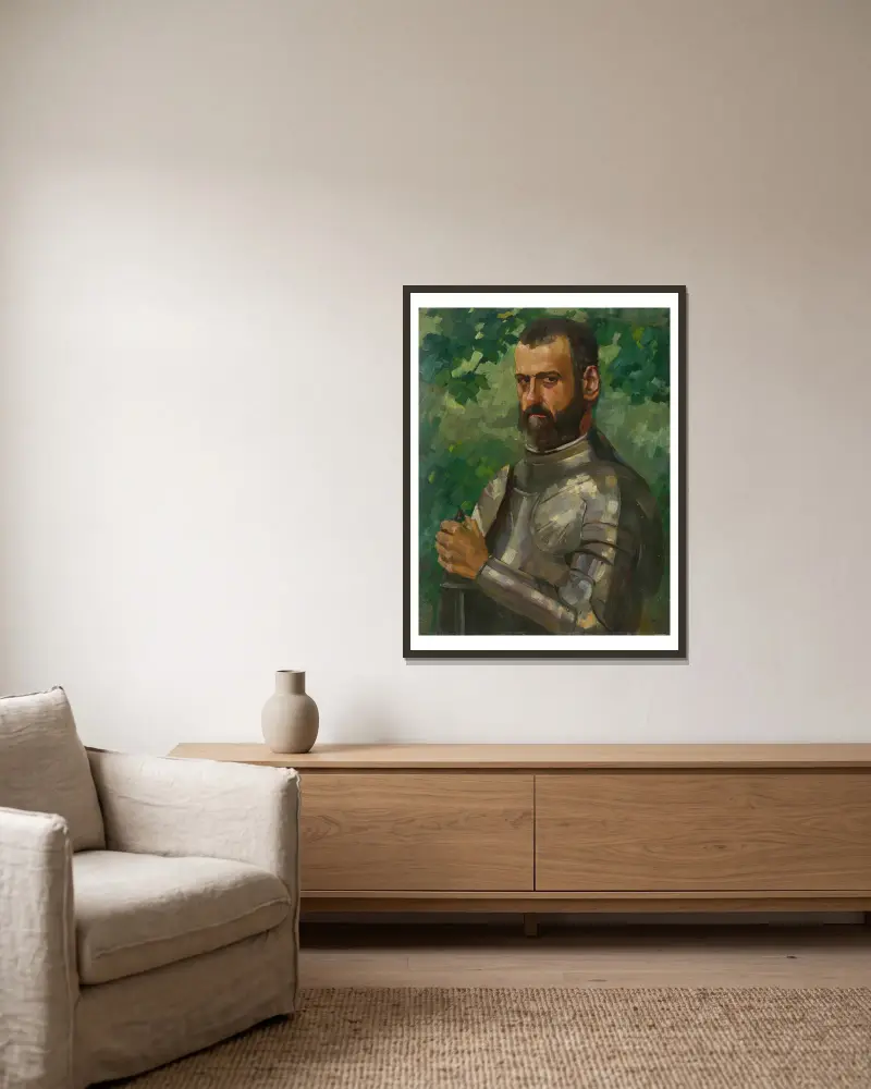 Porträtt av en man i rustning, halvfigur av Wilhelm Trübner inramad på en vägg