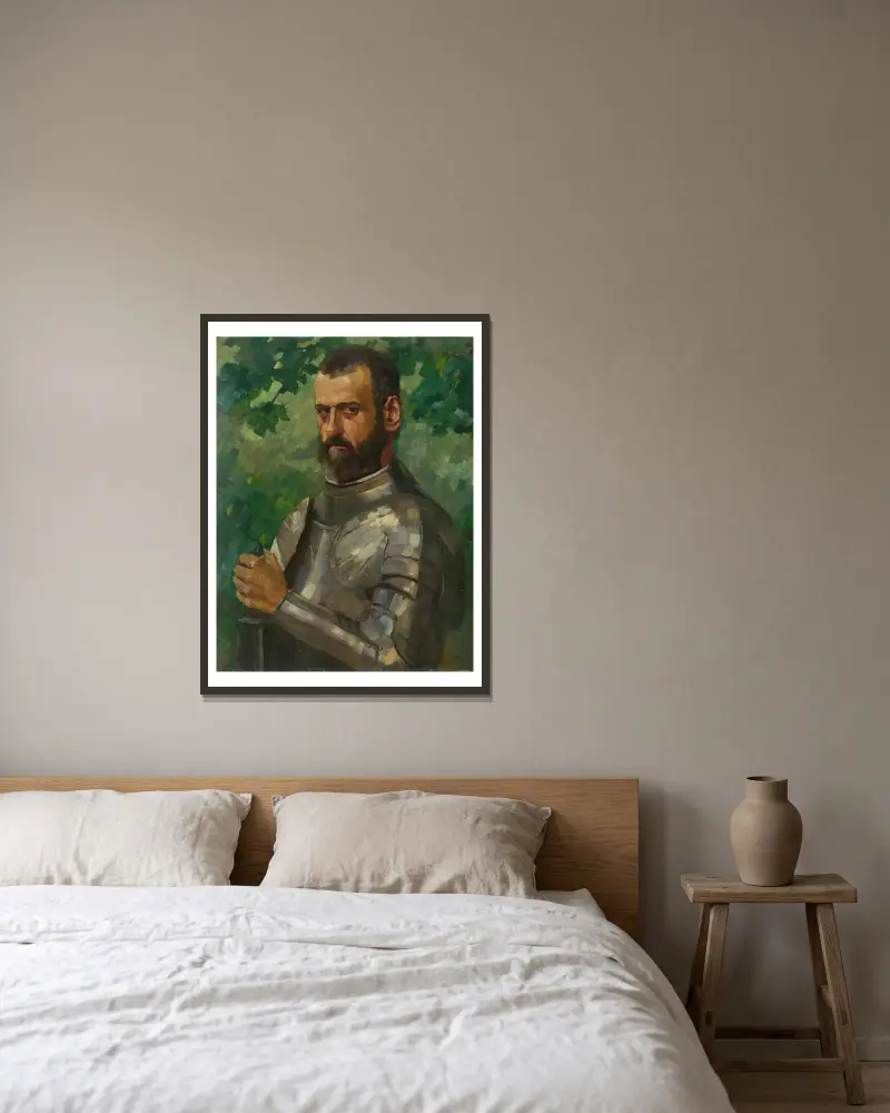 Porträtt av en man i rustning, halvfigur av Wilhelm Trübner inramad på en vägg
