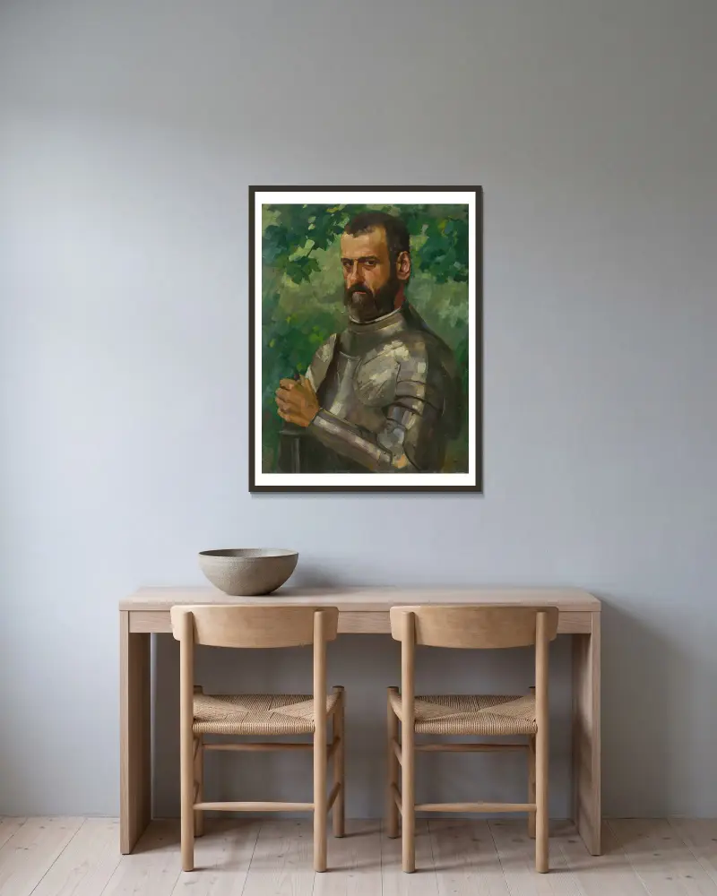 Porträtt av en man i rustning, halvfigur av Wilhelm Trübner inramad på en vägg