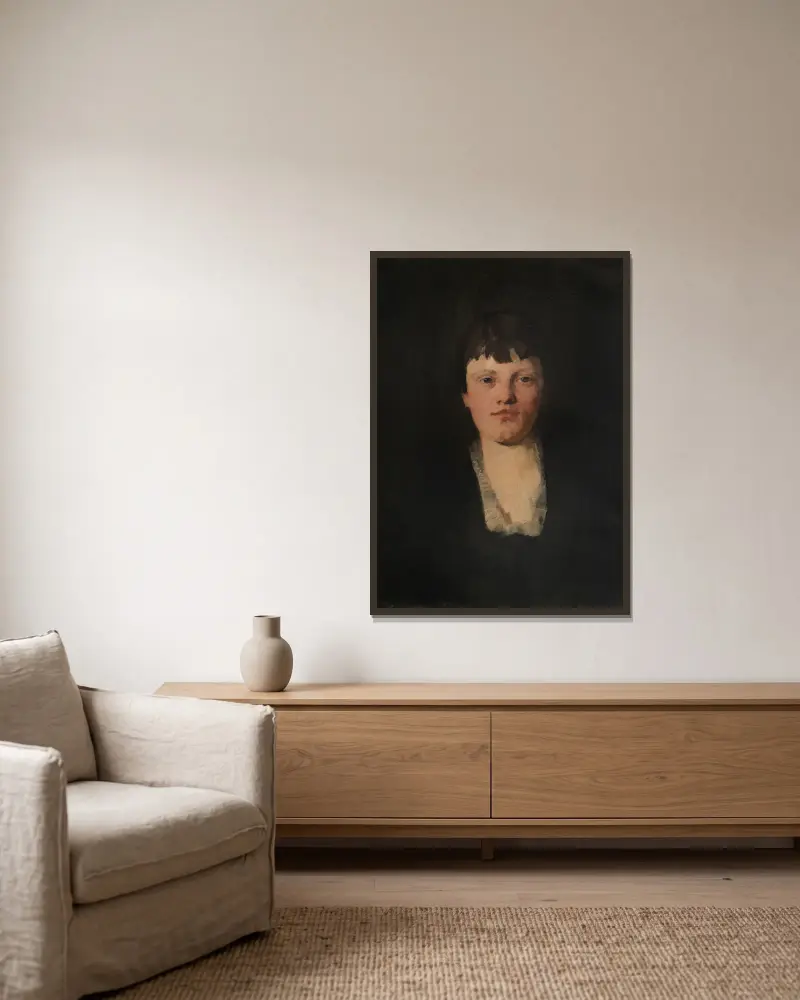 Mädchen mit viereckigem Halsausschnitt von Wilhelm Trübner gerahmt an einer Wand
