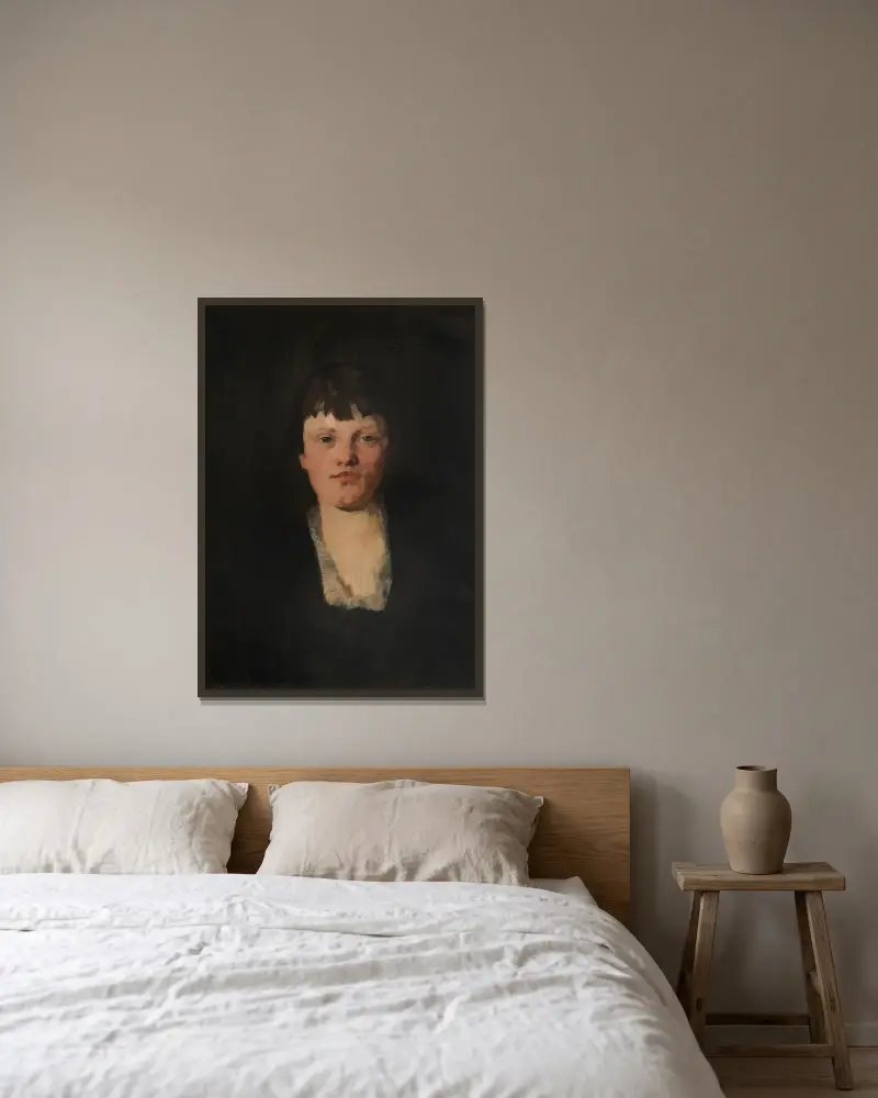 Mädchen mit viereckigem Halsausschnitt von Wilhelm Trübner gerahmt an einer Wand