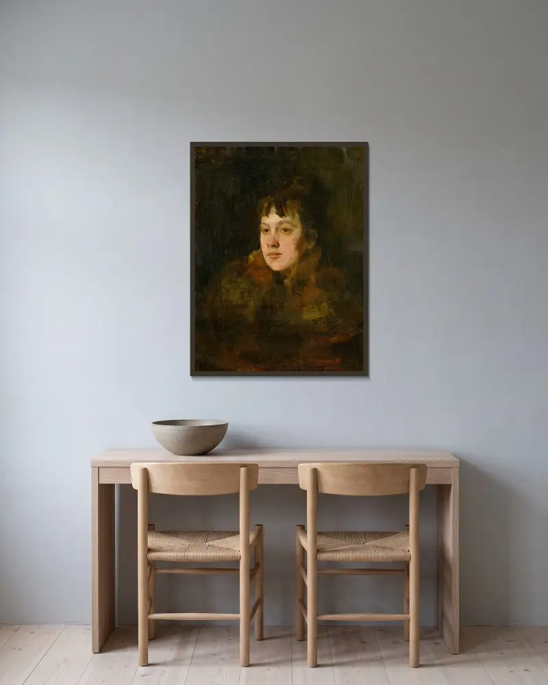 Porträtt av en dam i päls av Wilhelm Trübner inramad på en vägg