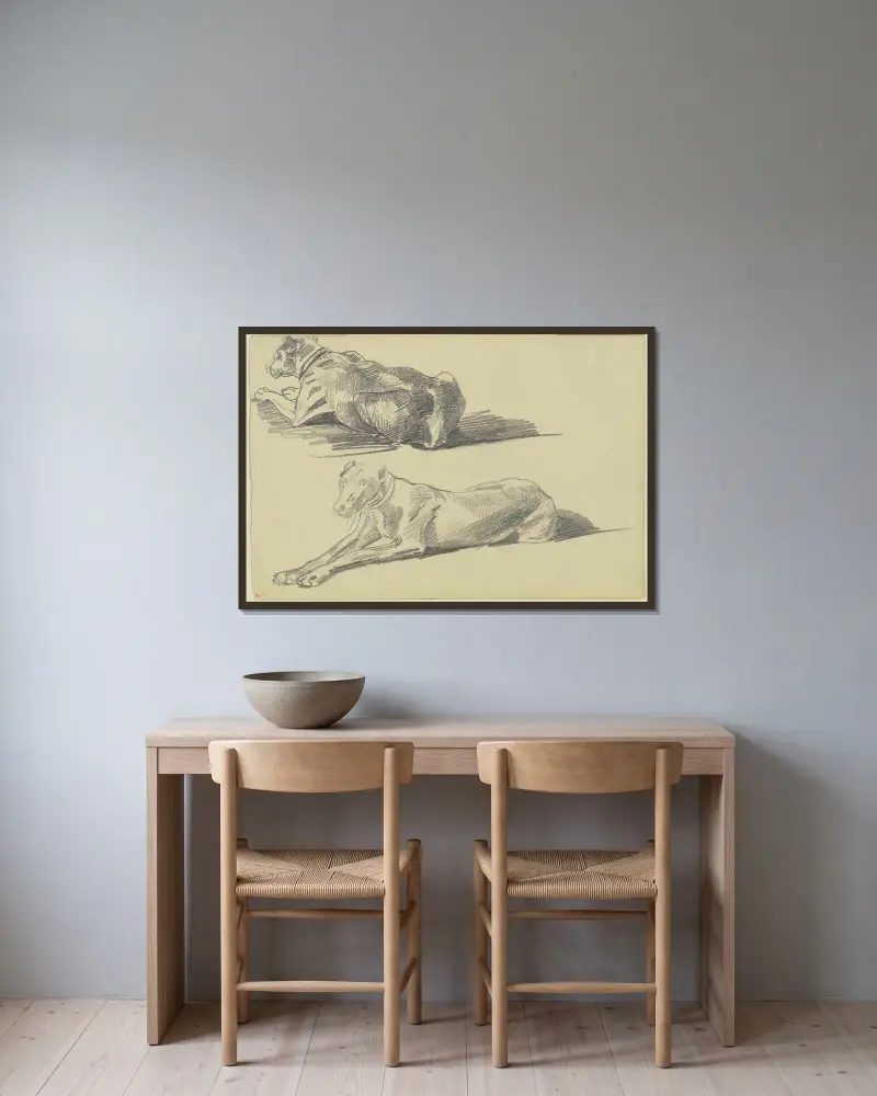 Studienblatt; Die Dogge Cäsar, liegend nach links von Wilhelm Trübner gerahmt an einer Wand