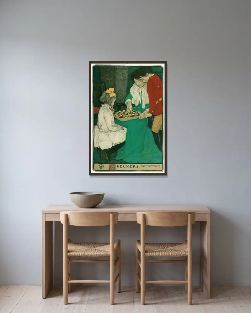 Checkers av Jessie Willcox Smith inramad på en vägg