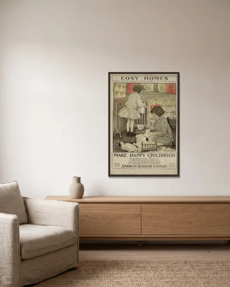 Mysiga hem ger lycklig barndom. American Radiators & Ideal Boilers av Jessie Willcox Smith inramad på en vägg