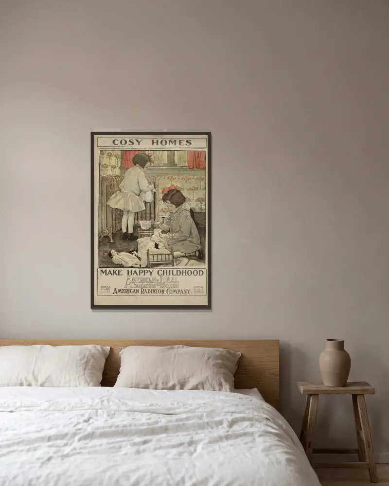 Mysiga hem ger lycklig barndom. American Radiators & Ideal Boilers av Jessie Willcox Smith inramad på en vägg
