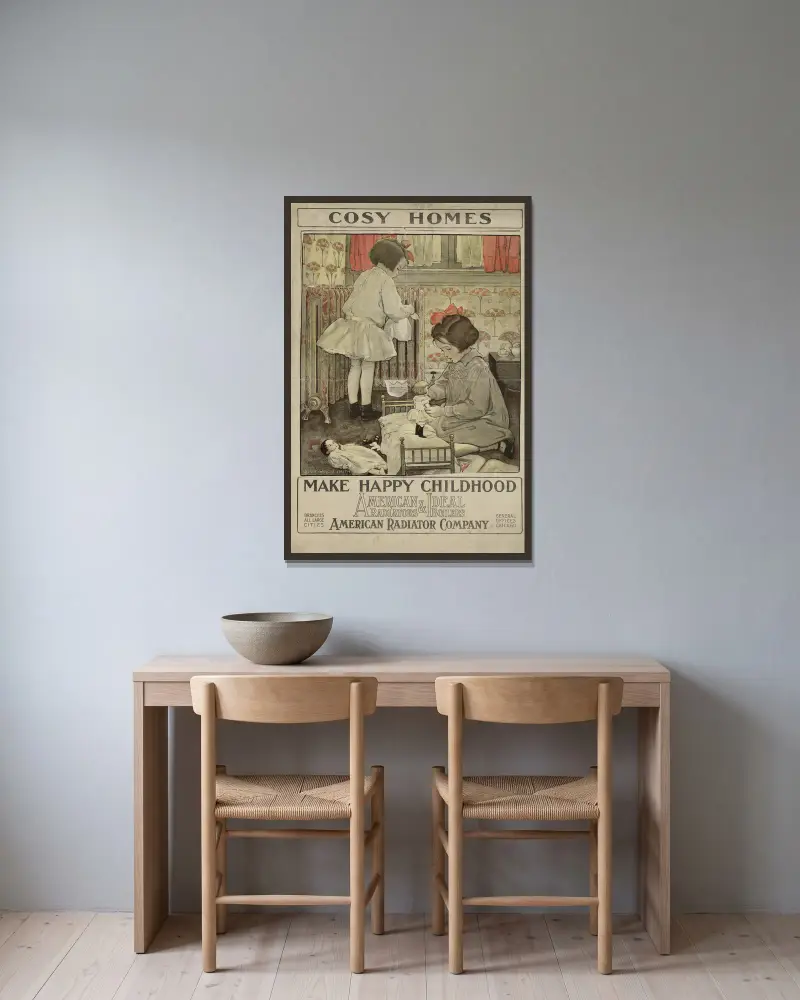 Mysiga hem ger lycklig barndom. American Radiators & Ideal Boilers av Jessie Willcox Smith inramad på en vägg