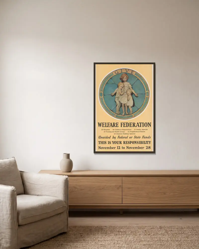 Give – Welfare Federation von Jessie Willcox Smith gerahmt an einer Wand