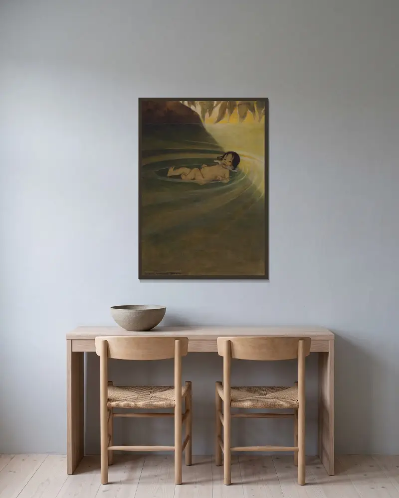 Han kände hur skönt det var att inte ha något på sig förutom sig själv av Jessie Willcox Smith inramad på en vägg