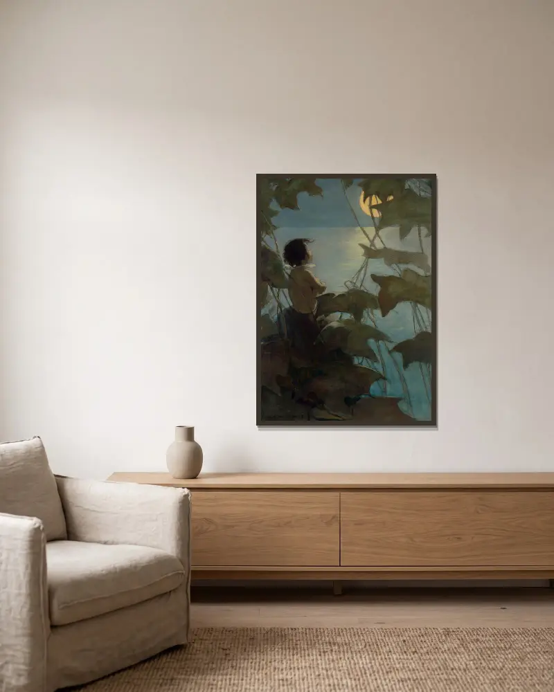 Han tittade upp mot den stora gula månen och tänkte att hon såg på honom av Jessie Willcox Smith inramad på en vägg