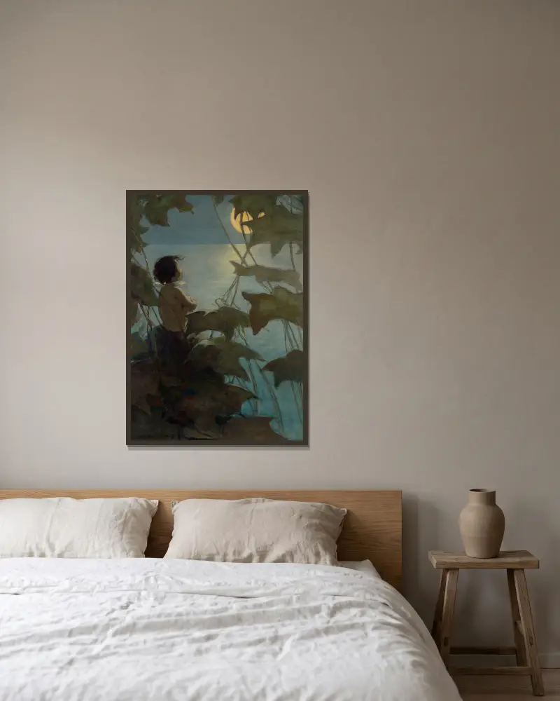 Han tittade upp mot den stora gula månen och tänkte att hon såg på honom av Jessie Willcox Smith inramad på en vägg