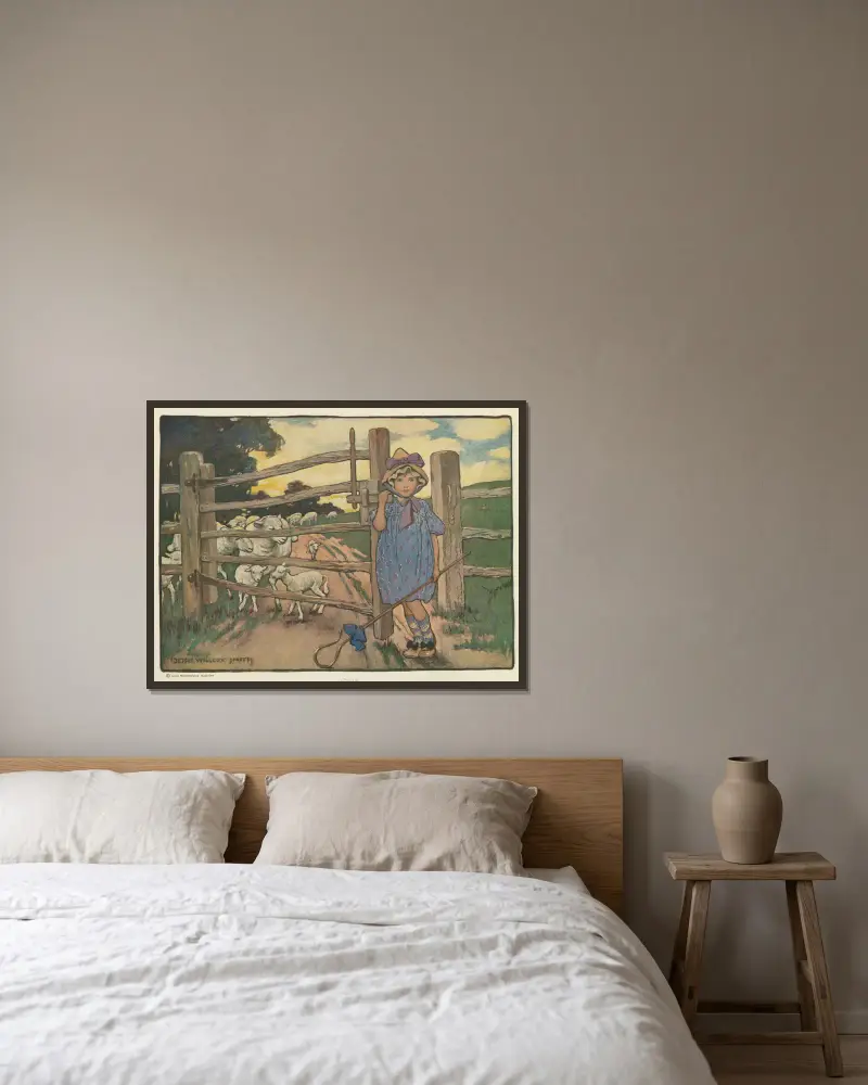 Lilla Bo-Peep har tappat bort sina får och vet inte var hon ska hitta dem av Jessie Willcox Smith inramad på en vägg