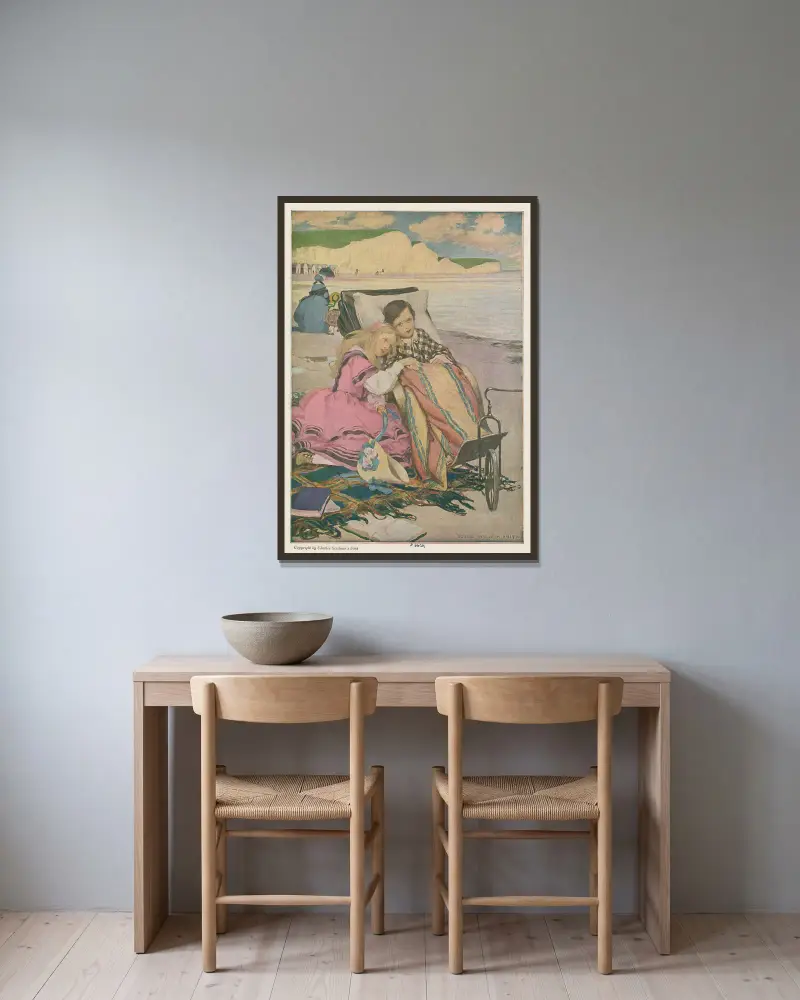 Paul Dombey och Florence på stranden i Brighton av Jessie Willcox Smith inramad på en vägg