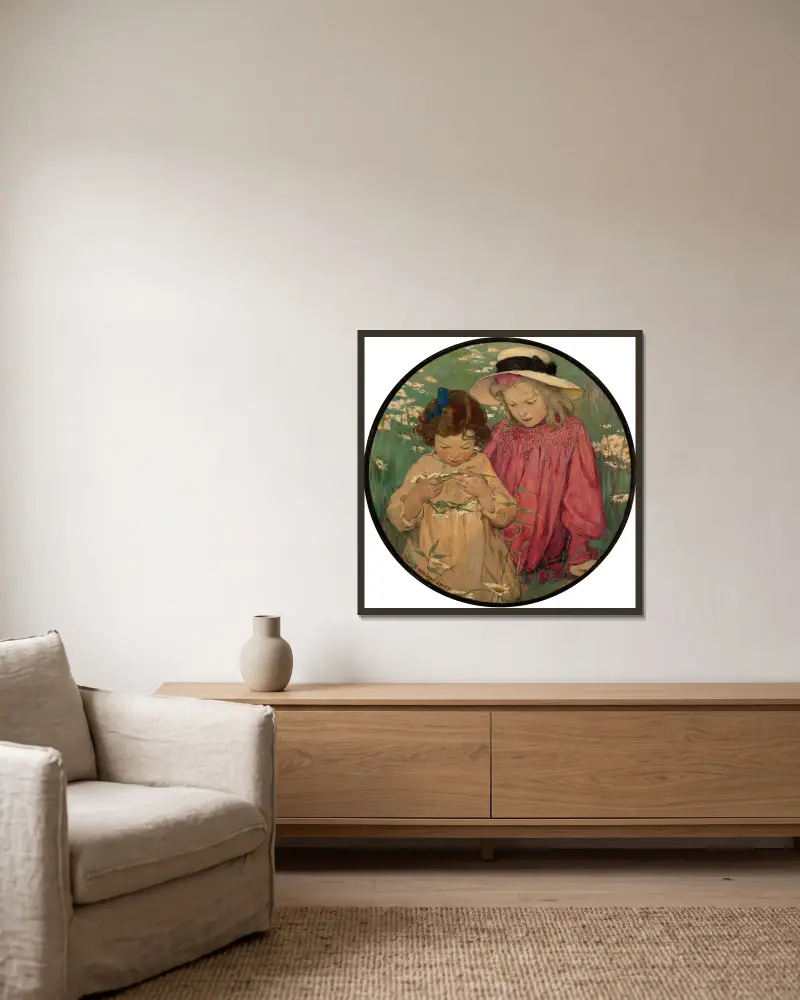Der Gänseblümchenkranz von Jessie Willcox Smith gerahmt an einer Wand