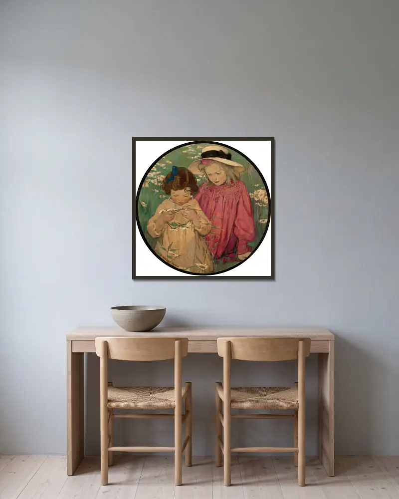 Der Gänseblümchenkranz von Jessie Willcox Smith gerahmt an einer Wand