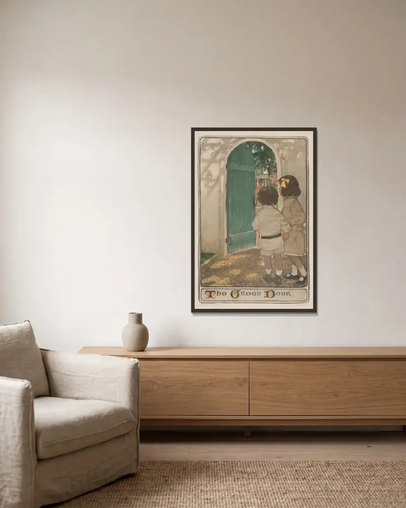 Die grüne Tür von Jessie Willcox Smith gerahmt an einer Wand