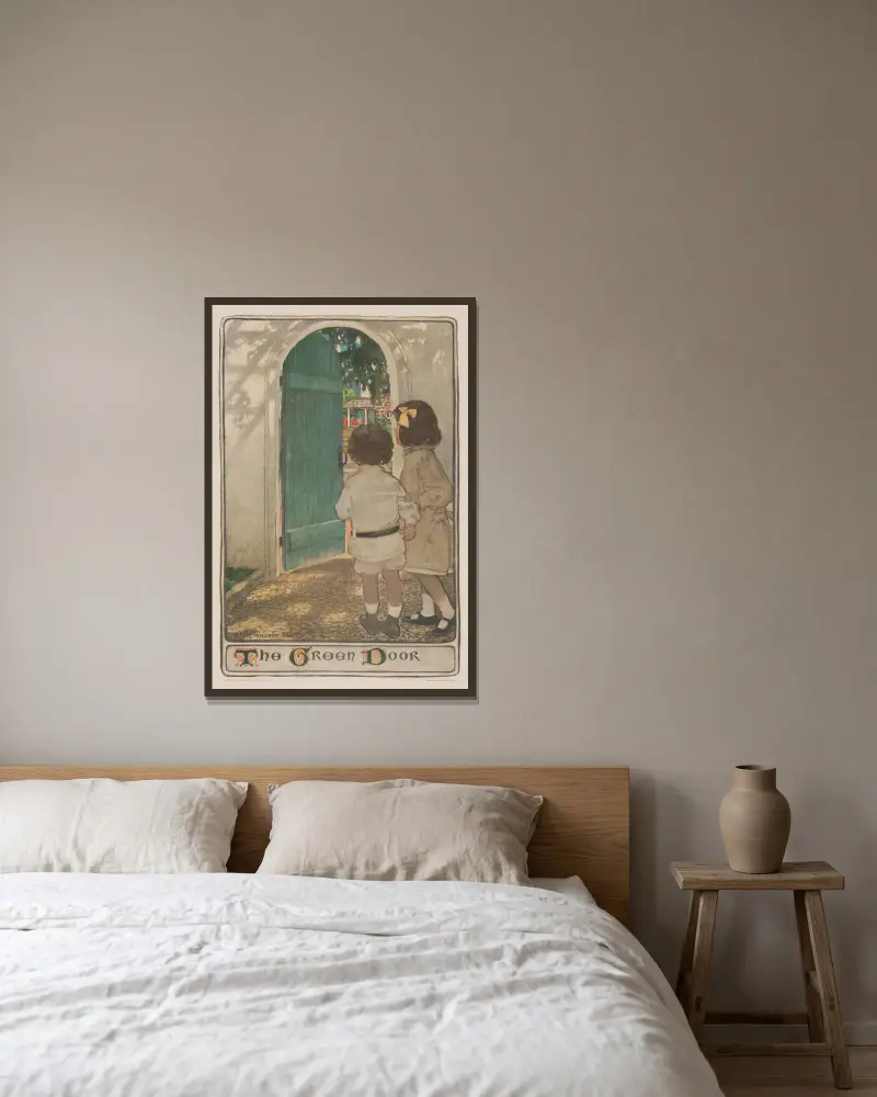 Die grüne Tür von Jessie Willcox Smith gerahmt an einer Wand