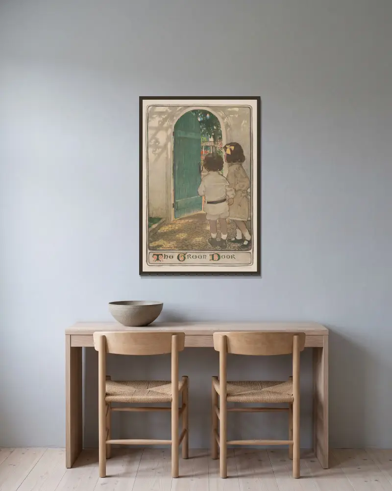 Die grüne Tür von Jessie Willcox Smith gerahmt an einer Wand