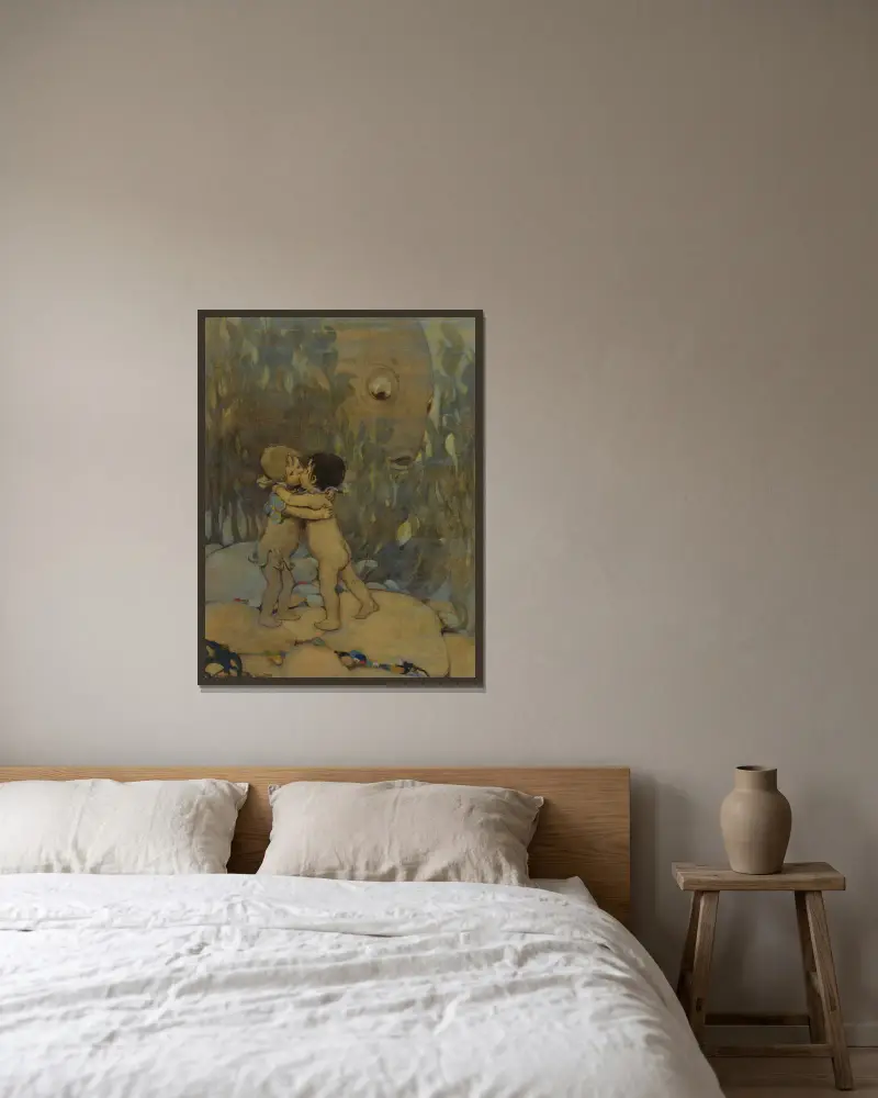 De kramade och kysste varandra mycket länge av Jessie Willcox Smith inramad på en vägg