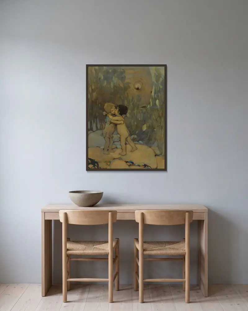 De kramade och kysste varandra mycket länge av Jessie Willcox Smith inramad på en vägg