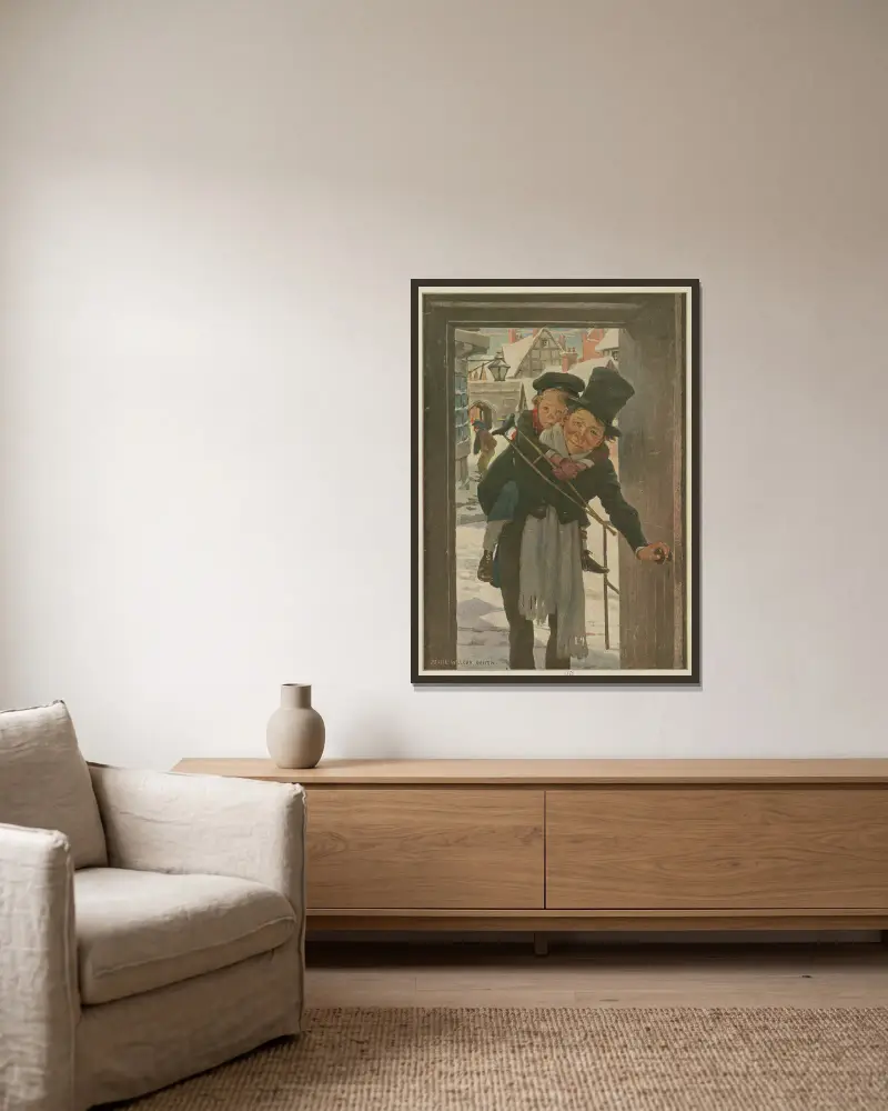Tiny Tim und Bob Cratchit am Weihnachtstag von Jessie Willcox Smith gerahmt an einer Wand