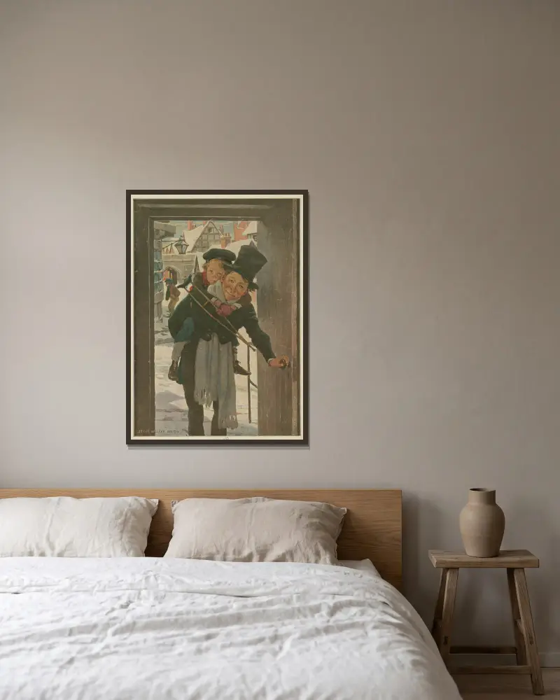 Tiny Tim und Bob Cratchit am Weihnachtstag von Jessie Willcox Smith gerahmt an einer Wand