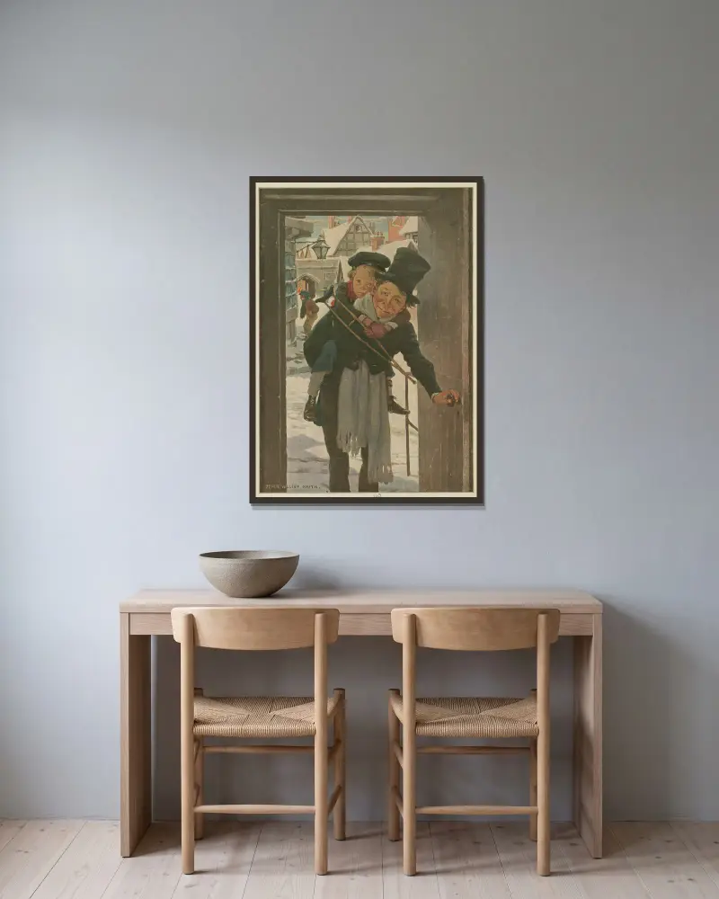 Tiny Tim und Bob Cratchit am Weihnachtstag von Jessie Willcox Smith gerahmt an einer Wand