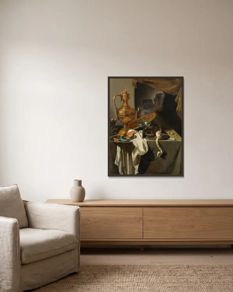 Stort vanitasstilleben av Willem Kalf inramad på en vägg