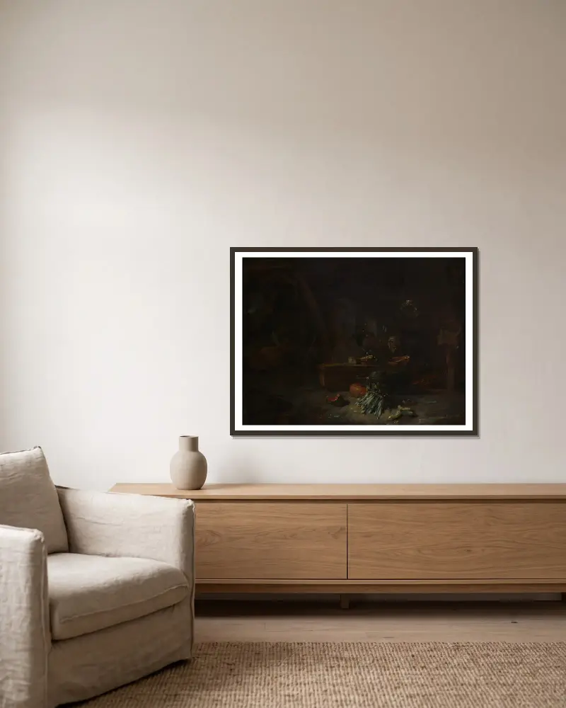 Köksinteriör av Willem Kalf inramad på en vägg
