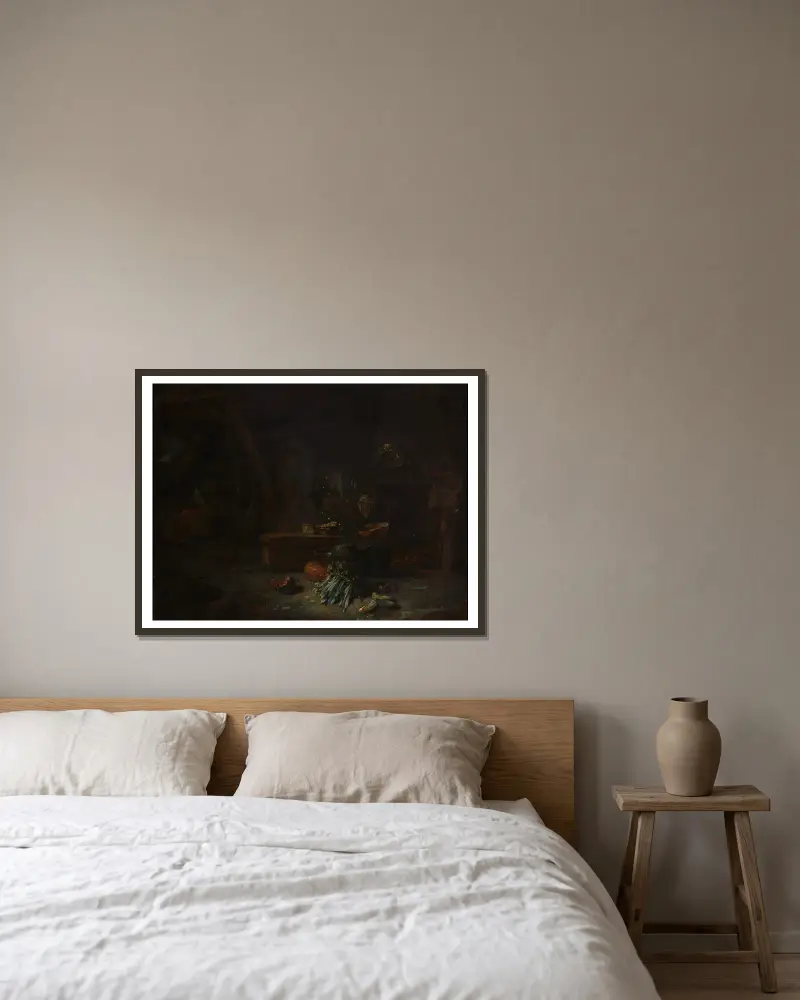 Köksinteriör av Willem Kalf inramad på en vägg