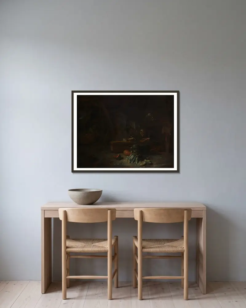 Köksinteriör av Willem Kalf inramad på en vägg