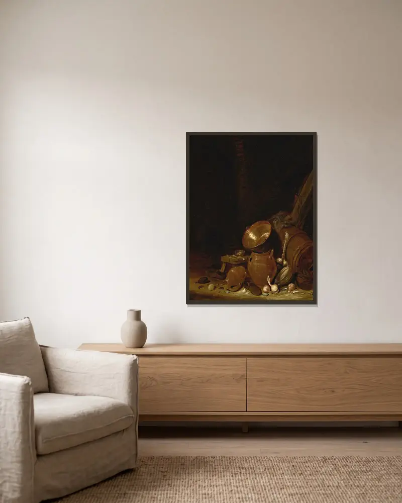 Kücheninterieur, 1638 von Willem Kalf gerahmt an einer Wand