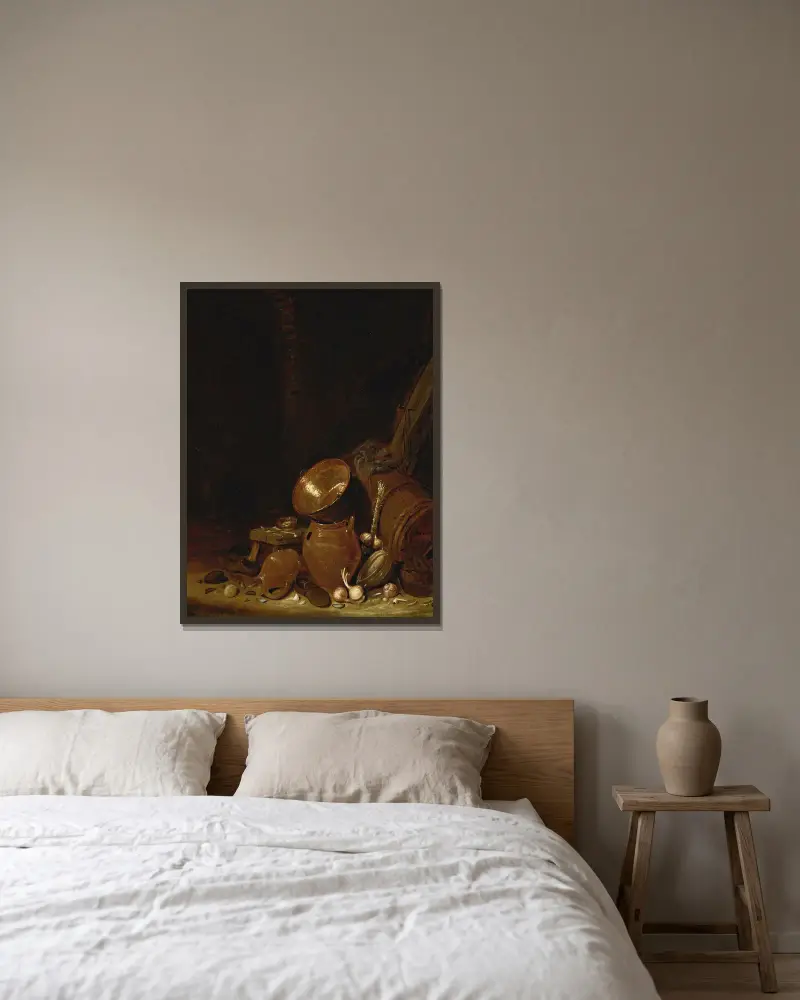 Kücheninterieur, 1638 von Willem Kalf gerahmt an einer Wand
